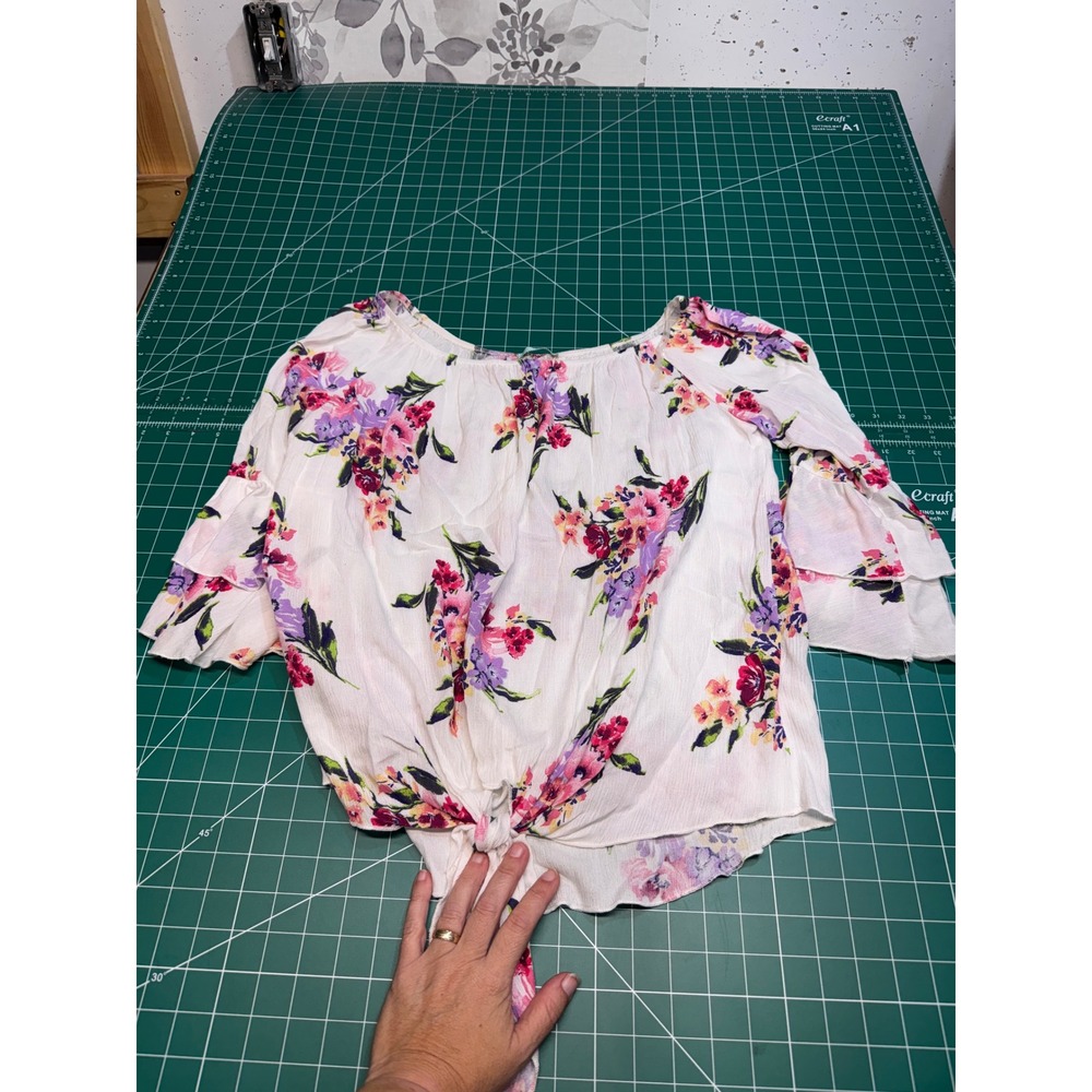 PS Kate Floral Off Shoulder Tie Front Ruffle Sleeve Blouse White Pink P14285 M